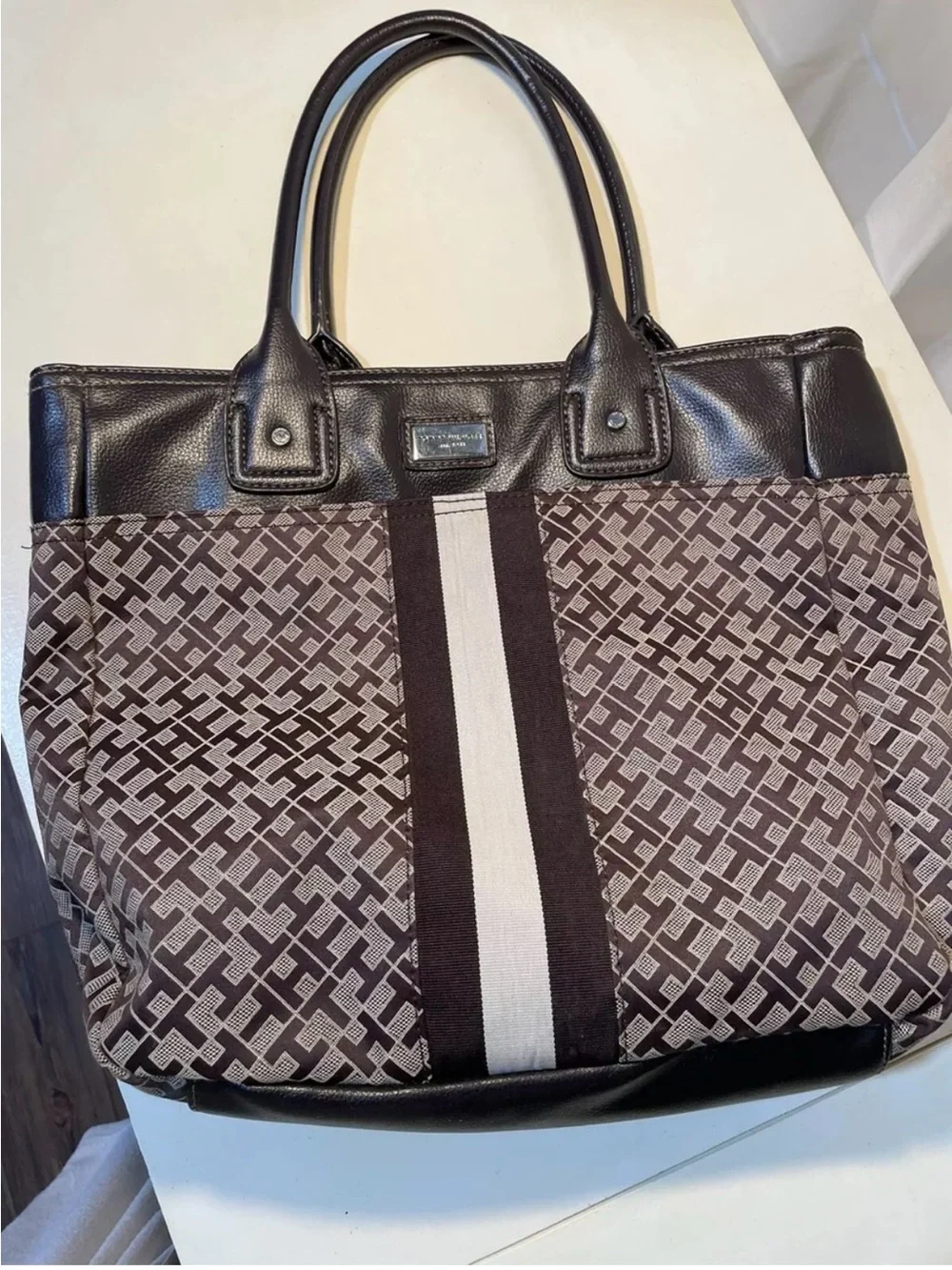 Tommy Hilfiger Brown and Cream Logo Tote with Center Stripe